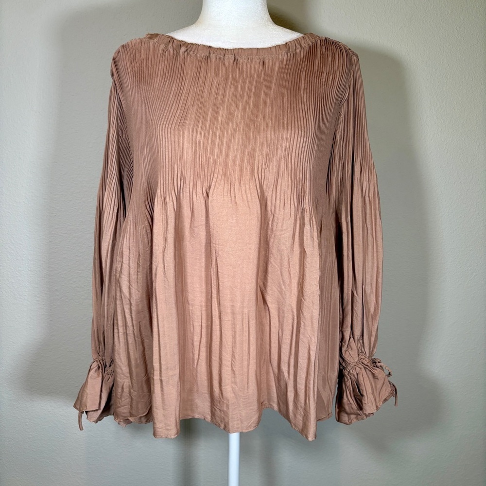 NWT Mustard Seed Brown/Taupe Pleated Long Sleeve Pull Over Blouse  Size Small